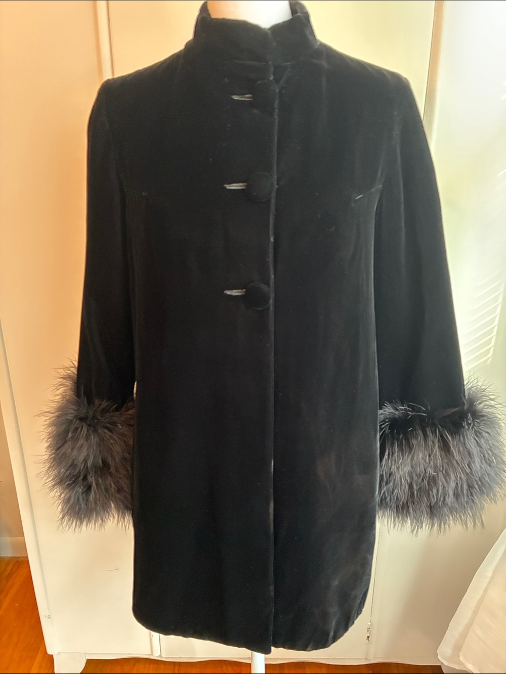 Stunning Black Velvet Coat with 5" Ostridge Feather Cuffs, & Mandrin Collar XS